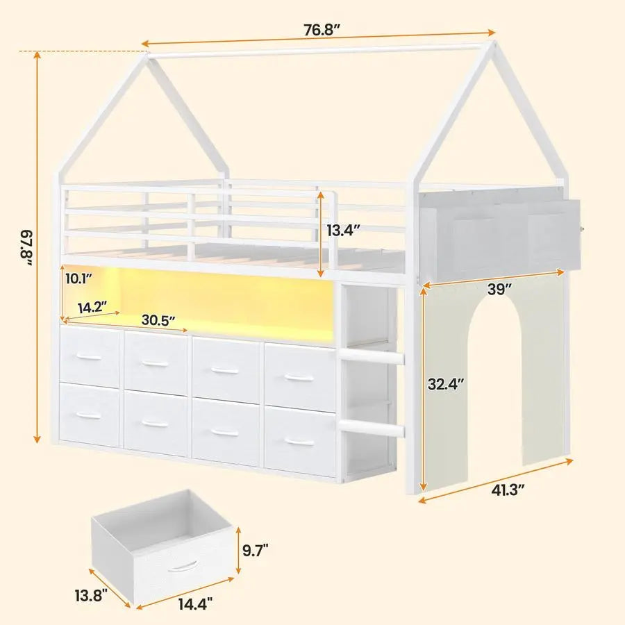 Loft Bed for Kids With Storage Drawers LED Lights and Bookcase