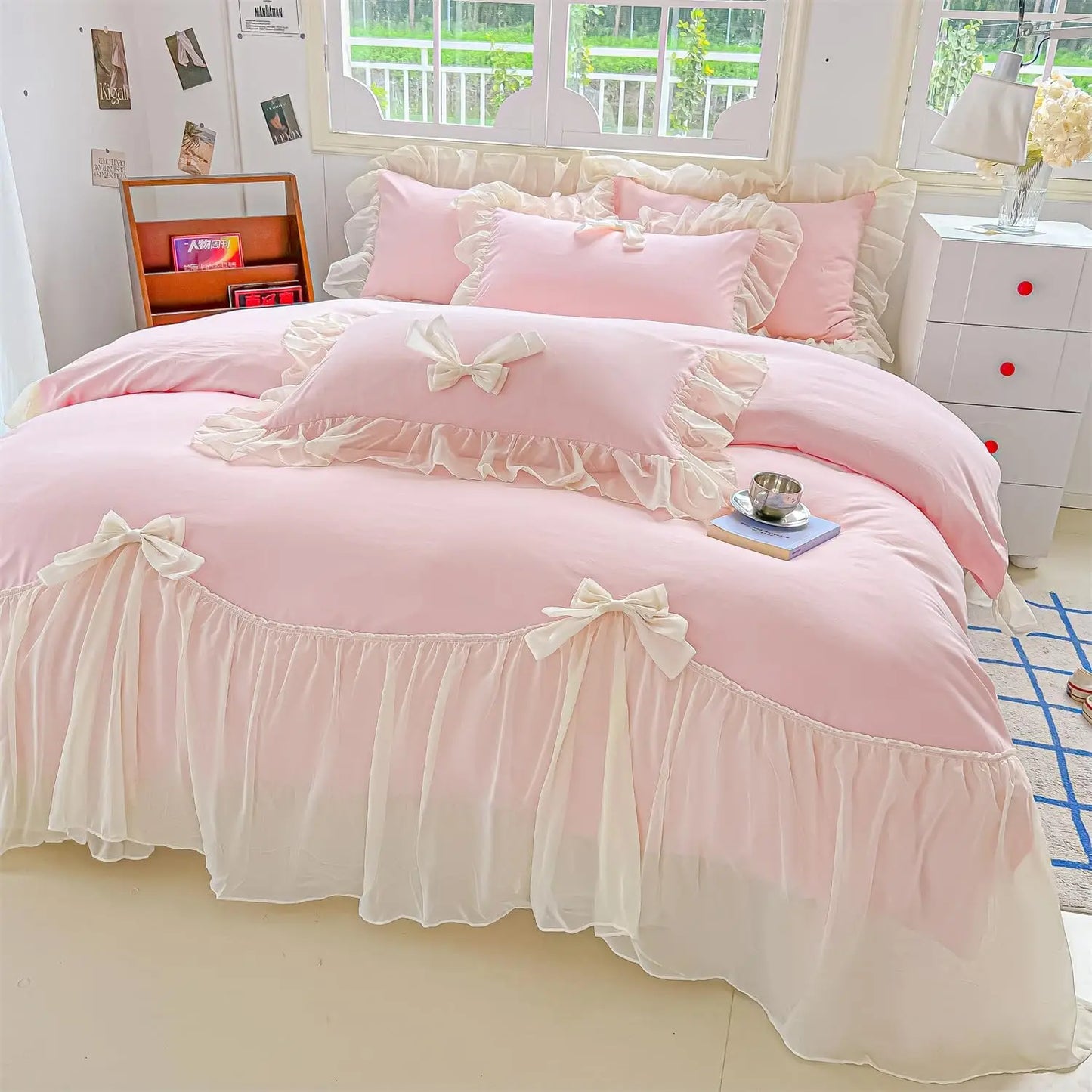 Lace Duvet Cover Set With Ruffles And Bow Includes Pillowcases