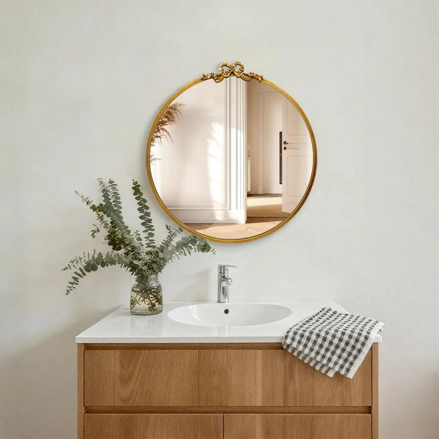 Round Bow Mirror With Ornate Baroque Style Metal Wall Decor