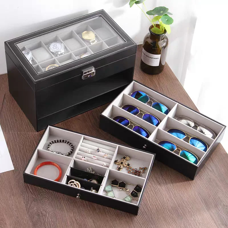 NONECN Leather Watch And Eyewear Box With Jewelry Display Drawer