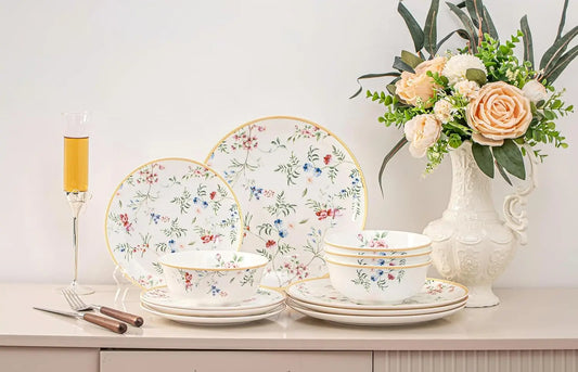 Bone China 12 Piece Dinnerware Set Plates Bowls Dishwasher Safe