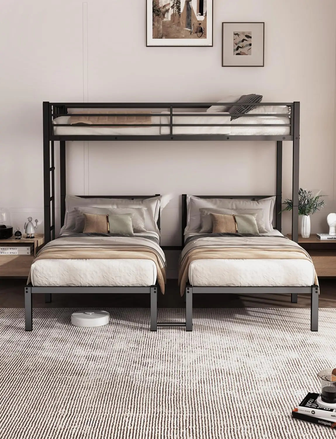 Triple Bunk Bed With Guardrails Ladder And Upper Platform