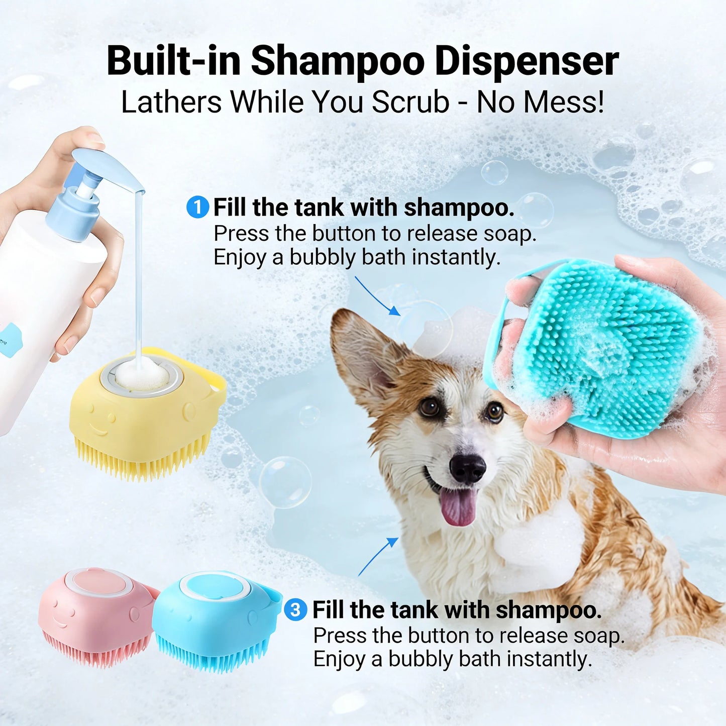 2-In-1 Pet Bath Massage Brush With Silicone Shampoo Storage
