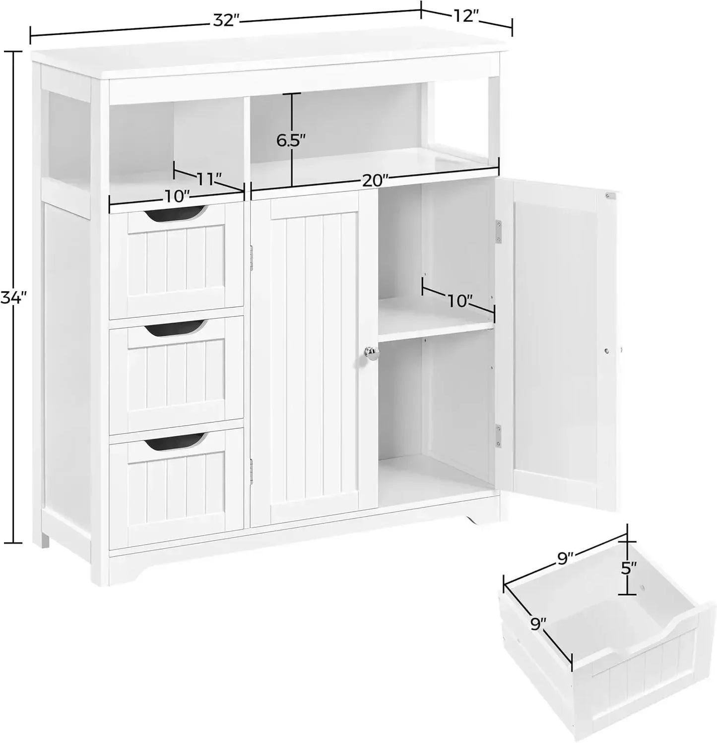 XMSJ Bathroom Floor Cabinet With 3 Drawers And 2 Shelves