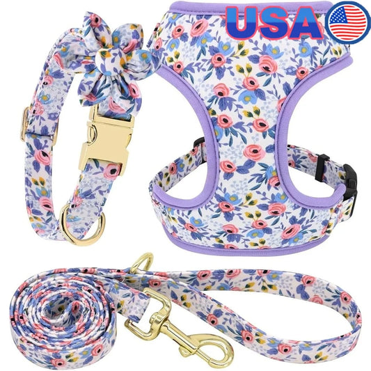 Fujian Cute Dog Harness Leash Collar Floral Mesh Set