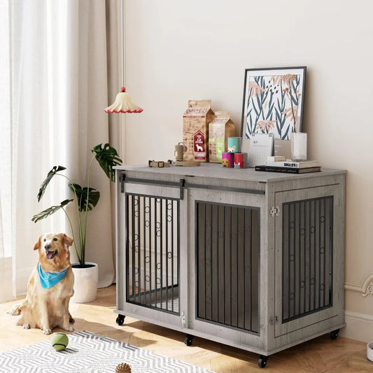 Hign-concerned Dog Crate Furniture Wooden Kennel Barn Door
