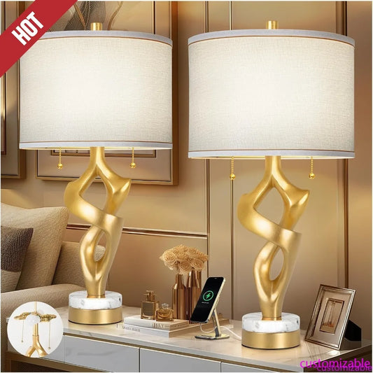 XMSJ Sculptural Table Lamp Set Marble Base USB Ports Gold